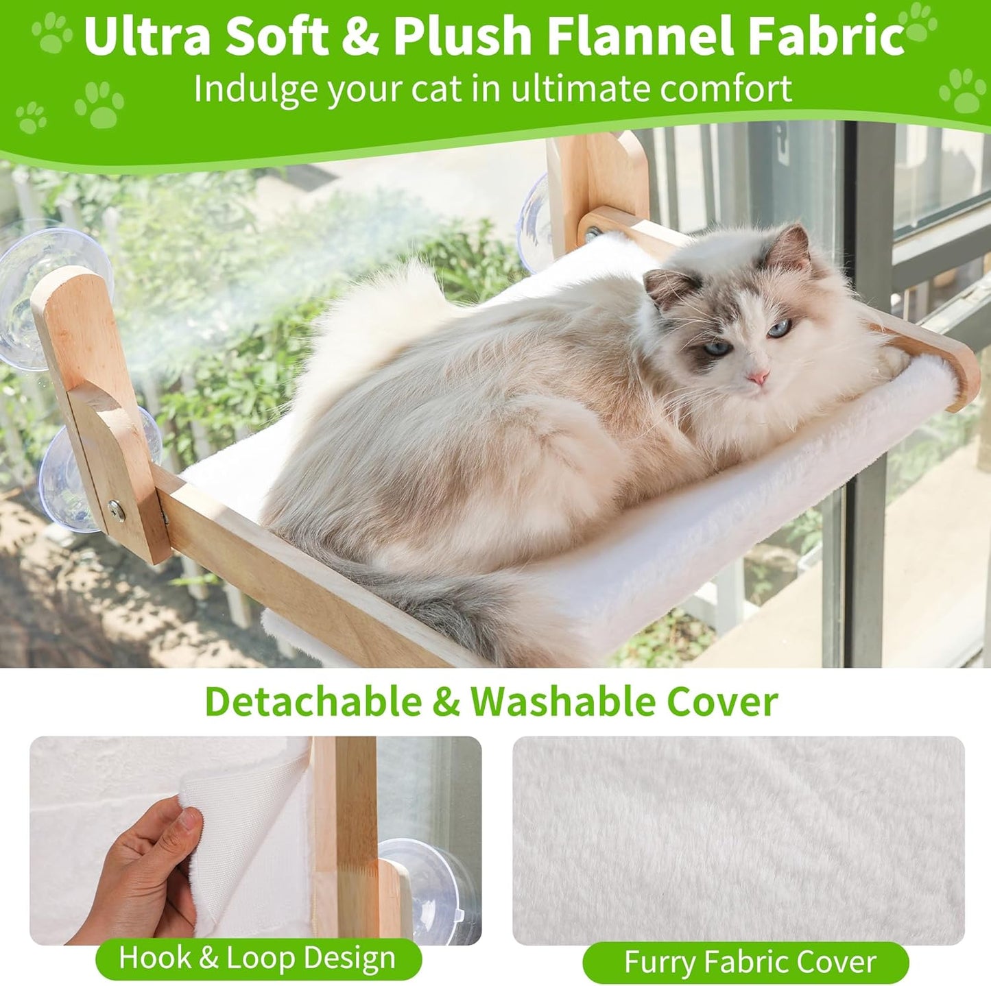 Cat Window Perch with Wooden Frame – Aloxina Foldable Cat Hammock Bed for Indoor Cats, Soft Rabbit Fur Cover, Washable, Strong Suction Cups, No Drilling, Supports Large Cats