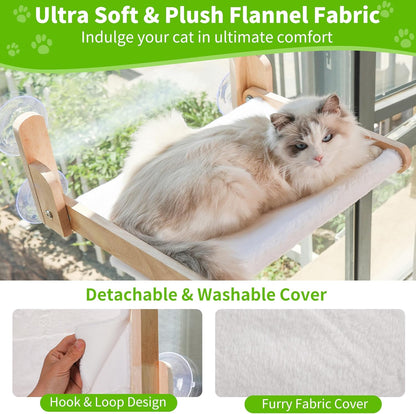 Cat Window Perch with Wooden Frame – Aloxina Foldable Cat Hammock Bed for Indoor Cats, Soft Rabbit Fur Cover, Washable, Strong Suction Cups, No Drilling, Supports Large Cats