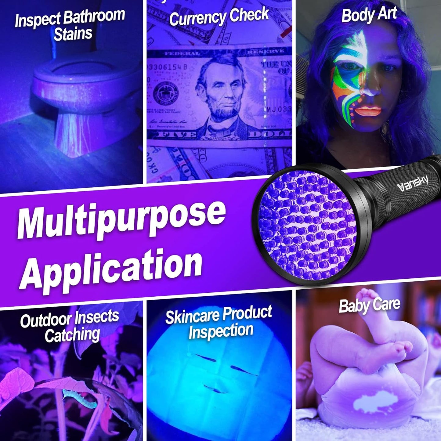 Vansky Black Light UV Flashlights, Ultra Bright 100 LED 395nm Ultraviolet Blacklight Detector for Dog Cat Pet Urine, Dry Stains and Bed Bug, Matching with Pet Odor Eliminator