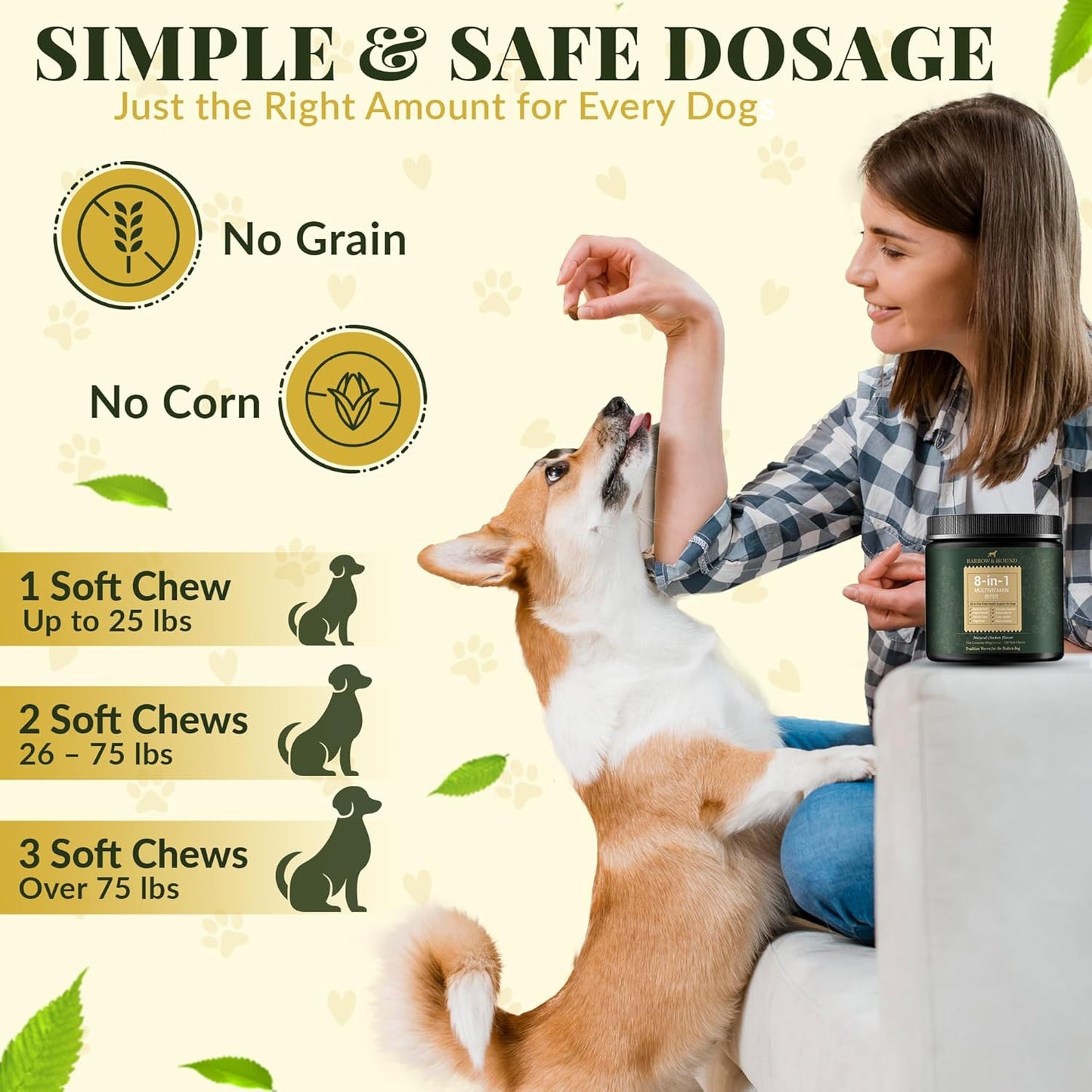 Barrow & Hound - 8-in-1 Multivitamin for Dogs – 120 Soft Chews with Glucosamine, Omega 3, Probiotics, Vitamins A–C–D–E & B-Complex – All-in-One Daily Health Supplement – Natural Chicken Flavor