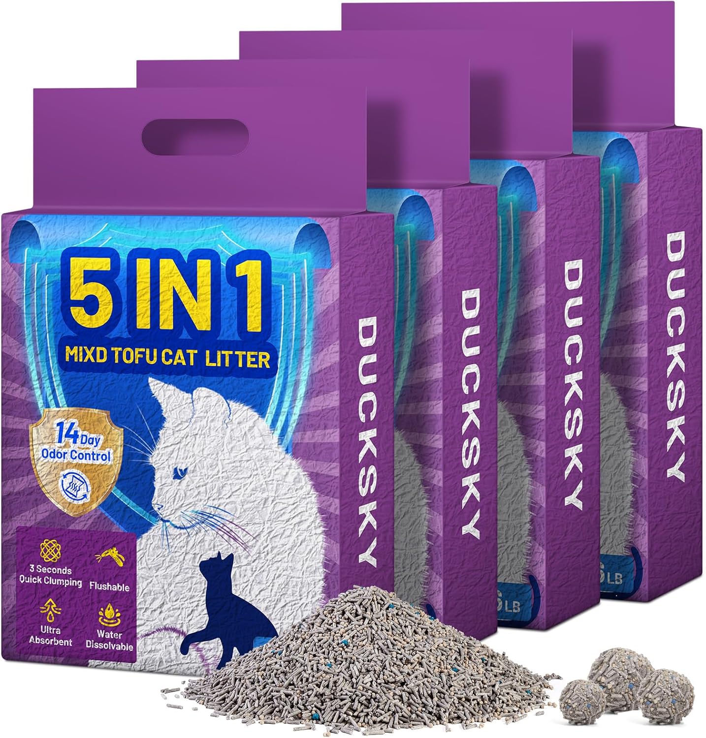 Ducksky Tofu Cat Litter Fast Clumping 5in1, Natural Plant-Based flushable Lightweight tofu Litter for Kitty, Effective Odor Control,unscented pellets, 99% Dust- Free,Low Tracking,(6.6LB x 4 Pack)