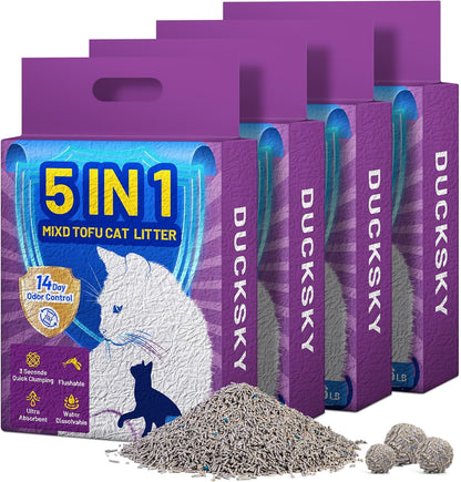 Ducksky Tofu Cat Litter Fast Clumping 5in1, Natural Plant-Based flushable Lightweight tofu Litter for Kitty, Effective Odor Control,unscented pellets, 99% Dust- Free,Low Tracking,(6.6LB x 4 Pack)