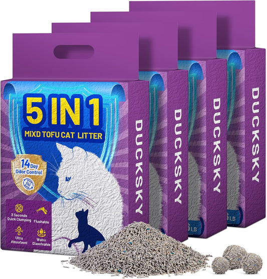 Ducksky Tofu Cat Litter Fast Clumping 5in1, Natural Plant-Based flushable Lightweight tofu Litter for Kitty, Effective Odor Control,unscented pellets, 99% Dust- Free,Low Tracking,(6.6LB x 4 Pack)
