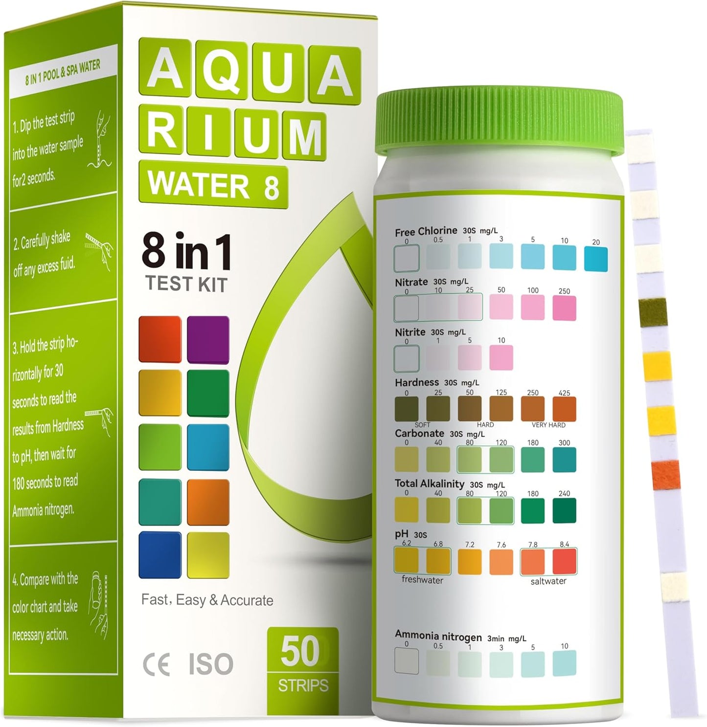 AAwipes 8-in-1 Aquarium Test Kit for Fish Tanks - Quick & Accurate Water Testing Strips for Aquariums & Ponds. Tests pH, Ammonia, Alkalinity, Hardness, Chlorine, etc. (K02-50)