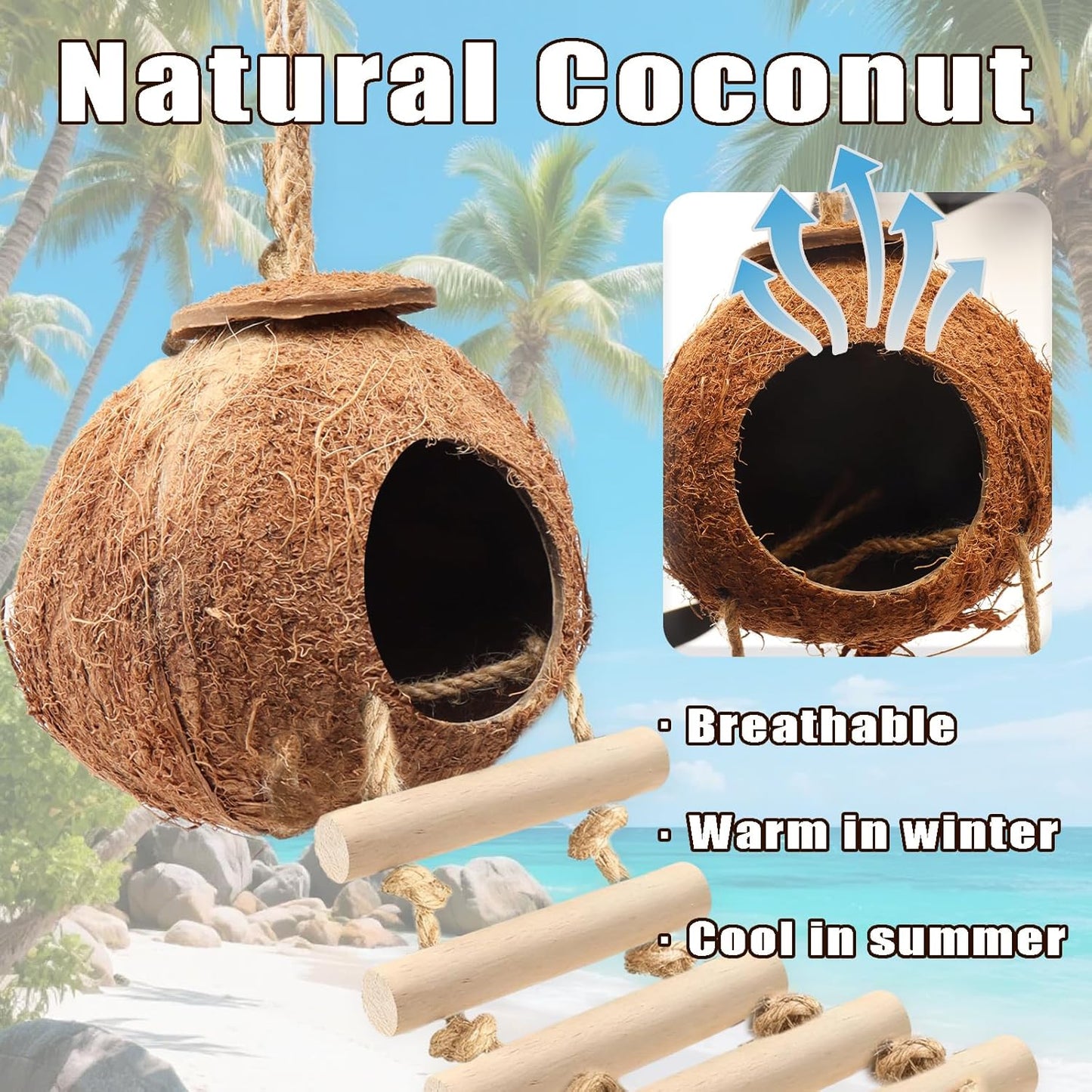 Gecko Tank Accessories Natural Coconut Shell Hut with Climbing Ladder & Suction Cup Hermit Crab Toys Reptile Hideout for Leopard Gecko Snake Lizard and Small Pets Habitat Decor