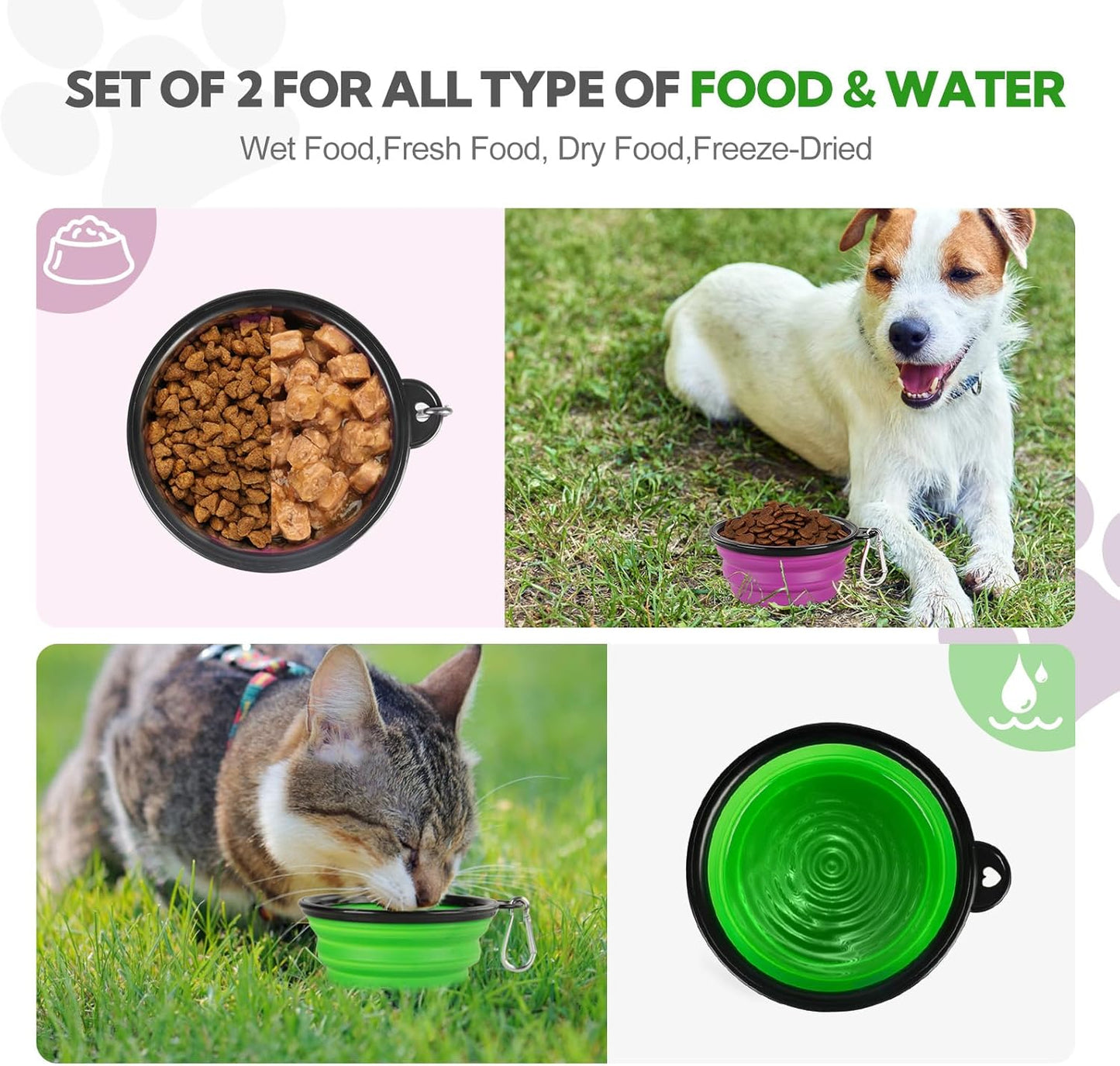 Collapsible Dog Bowl 2 Pack, Dog Water Bowls for Travels, Portable Foldable Pet Bowls Feeding Watering Dish for Parking Walking Camping with 2 Carabiners Clip (12oz, Small, Green+Purple)