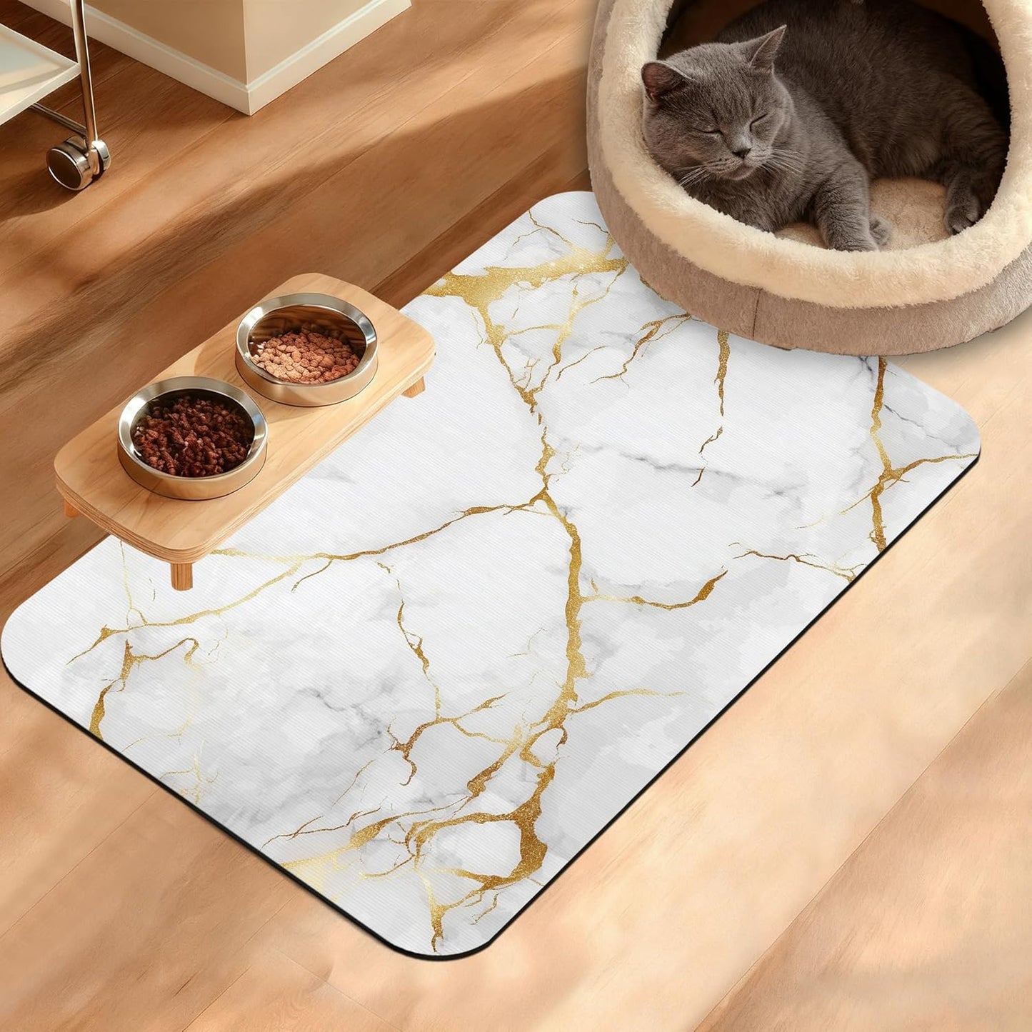 Abstract Marble Dog Food Mat,White Gold Absorbent Pet Feeding Mat for Food and Water Bowl,Quick Dry Dog Placemat Non Slip Rubber Backing Waterproof Pet Supplies 16" x 24"