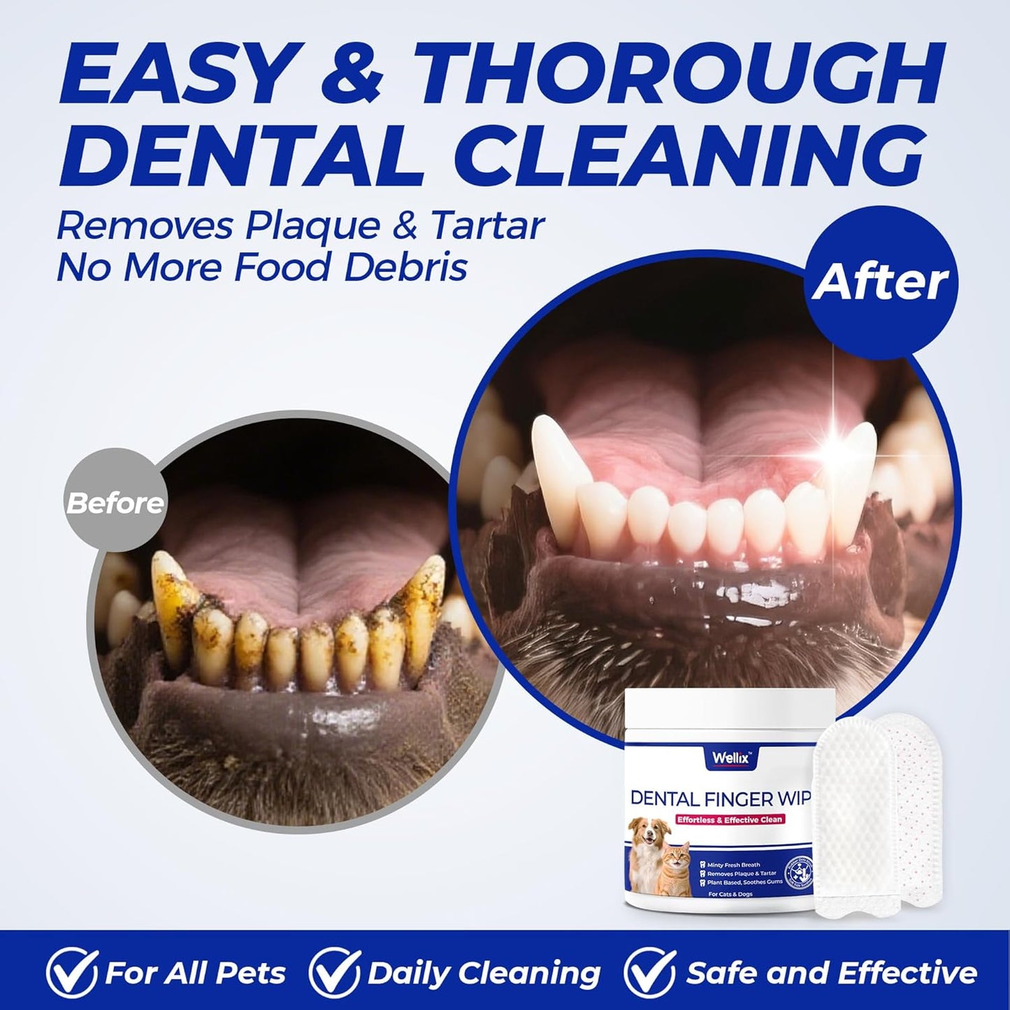Wellix 100 Count Dog Teeth Cleaning Wipes for Dogs & Cats - Natural Formula Dental Care Finger Wipes Reduces Dog Plaque, Tartar & Bad Breath - No-Rinse Disposable Dog Dental Wipes
