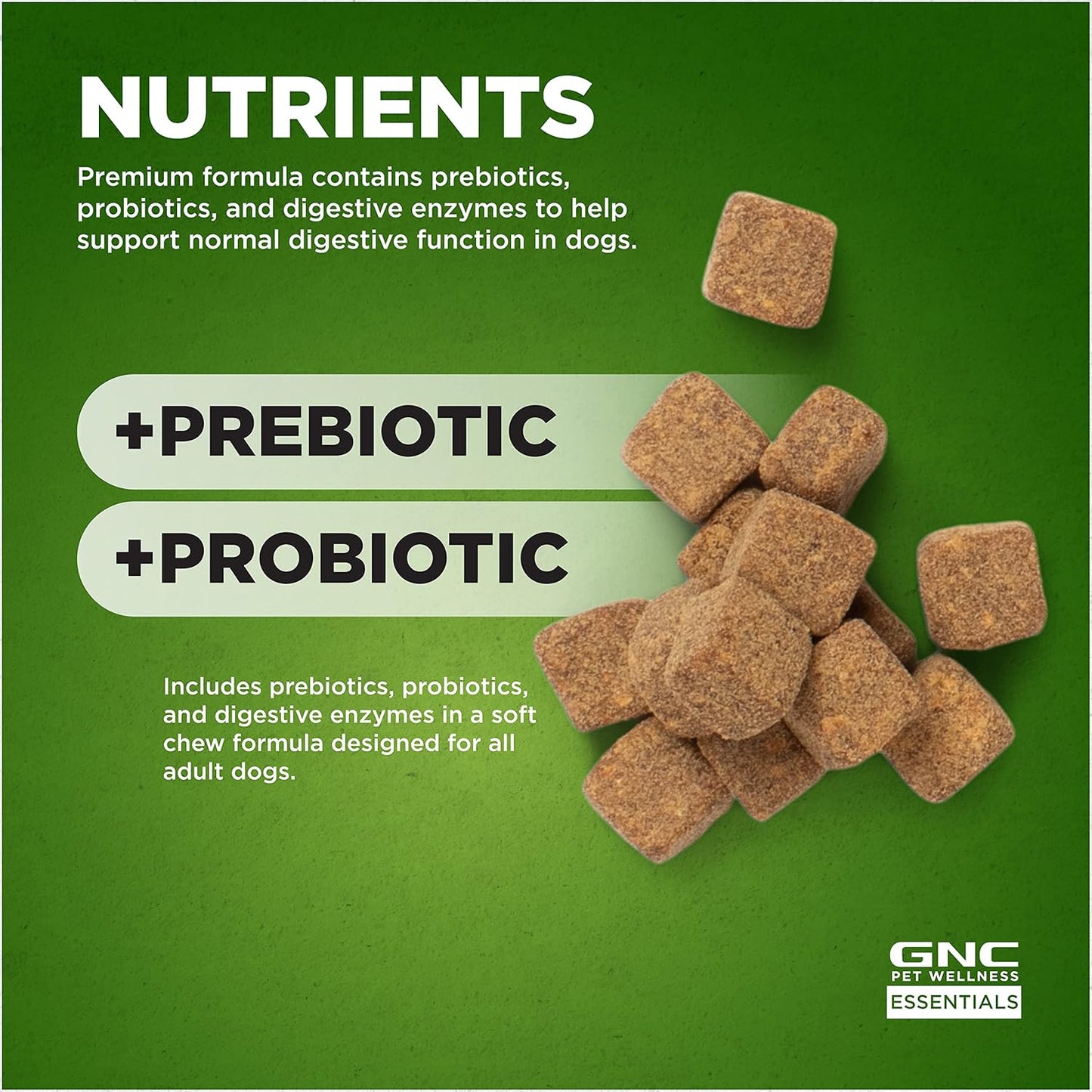 GNC Pets Essentials Digestion Dog Supplements, Probiotic Support Soft Chews in Bacon Flavor for Dogs, Daily Digestion Aid in Reusable Container - Puppy & Adult Pet Health Supplement, 60 Count