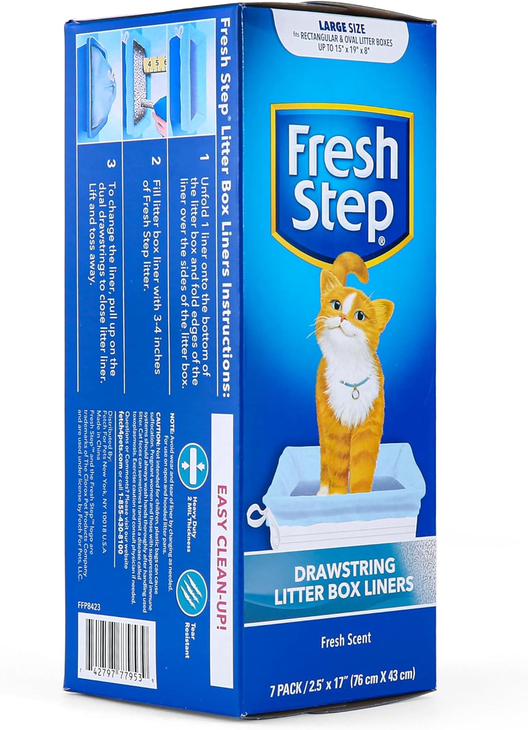 Fresh Step Drawstring Cat Litter Box Liners, Fresh Scent - Kitty Litter Bags for Rectangle or Oval Large Litterboxes, Size Large, 30" x 17" - 7 Count