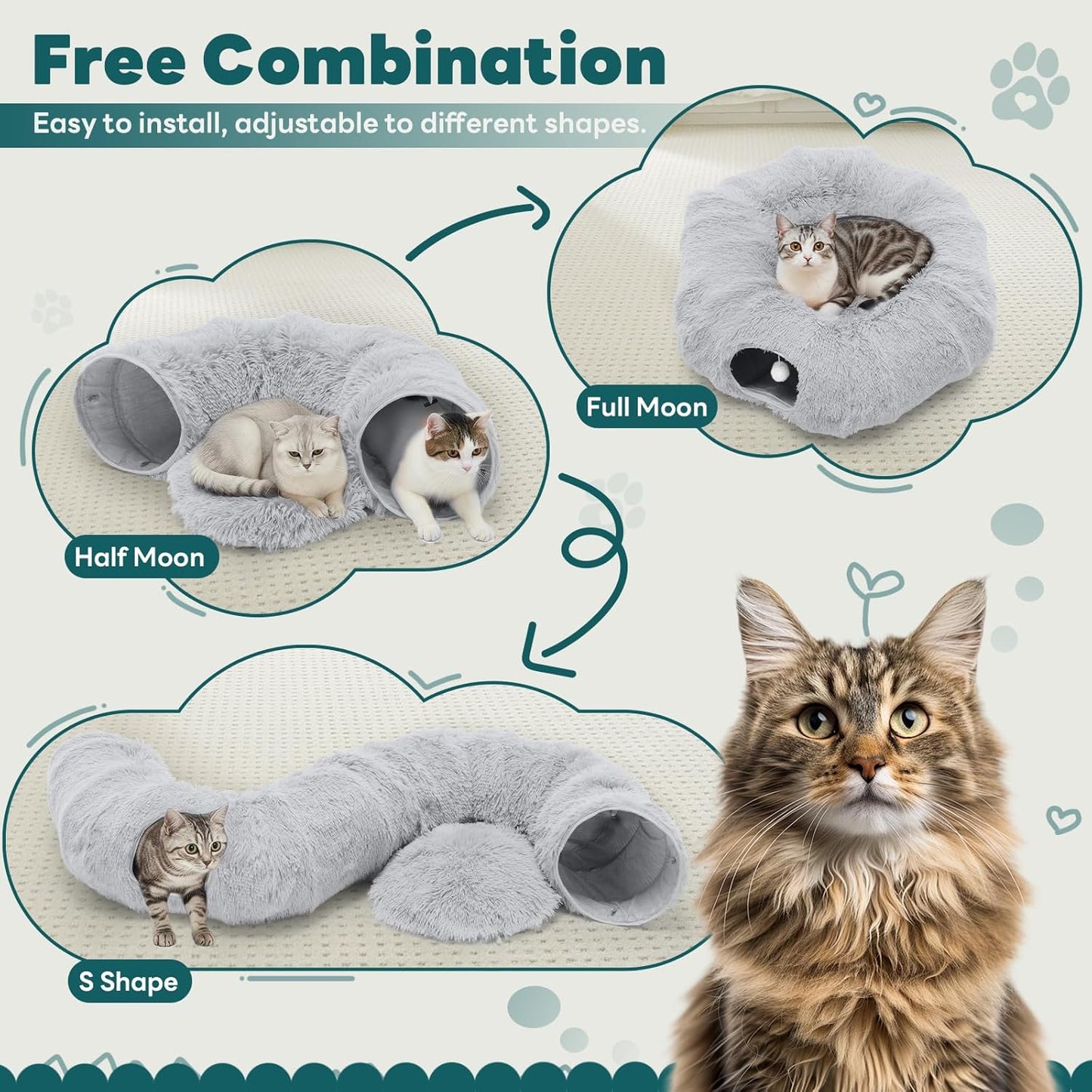 Smug Cat Tunnel Bed for Indoor Cats, Soft Plush Peekaboo Cat Cave Donut Tunnel, Washable Multifunctional Playground Toys Pet Christmas Tree Decoration for Kittens, Rabbit, Ferret (Grey)