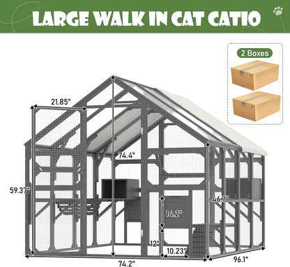 Merax Outdoor Large Catio Cat Enclosure,Wooden Cat House with 7 Platforms, 2 Resting Boxes, 1 Bridge and 1 Ramp, Walk in Kitty Cage Kennel with Sunshine Board Roof, Gray