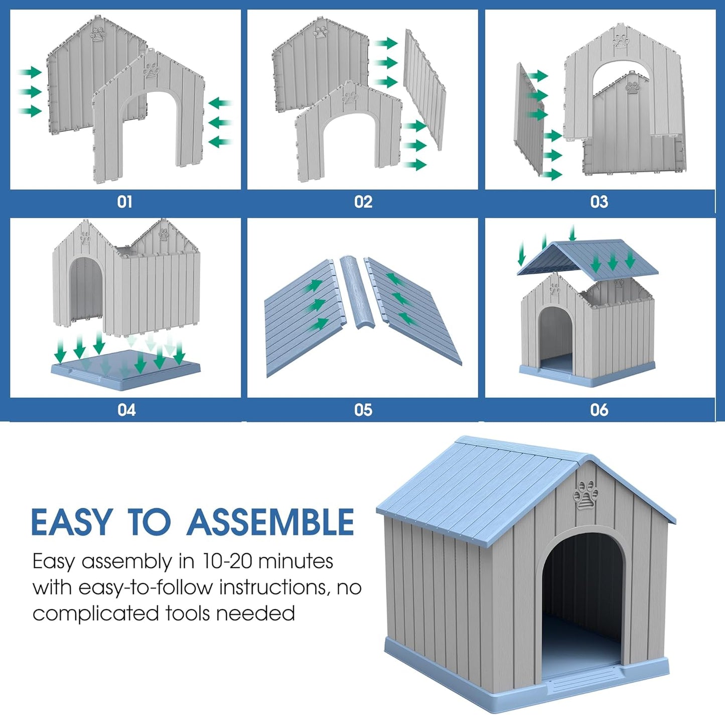 Fancyango Dog House Outdoor Indoor, Weatherproof Dog House with Elevated Floor and Air Vents for Medium to Large Dogs,Easy Clean and Assemble (Blue, 36.2''L×38''W×38''H)