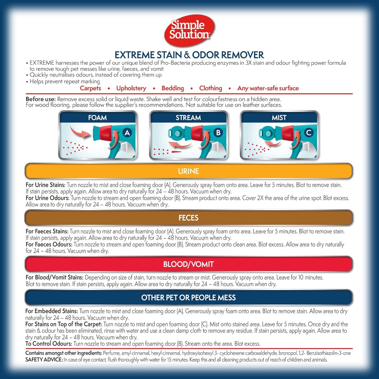 Simple Solution Extreme Pet Stain and Odor Eliminator Spray, Enzymatic Cleaner With 3X Pro-Bacteria Cleaning Power for Dogs & Cats, Strong Urine, Pee and Poop Smell Remover for Carpets & Floors, 32 oz