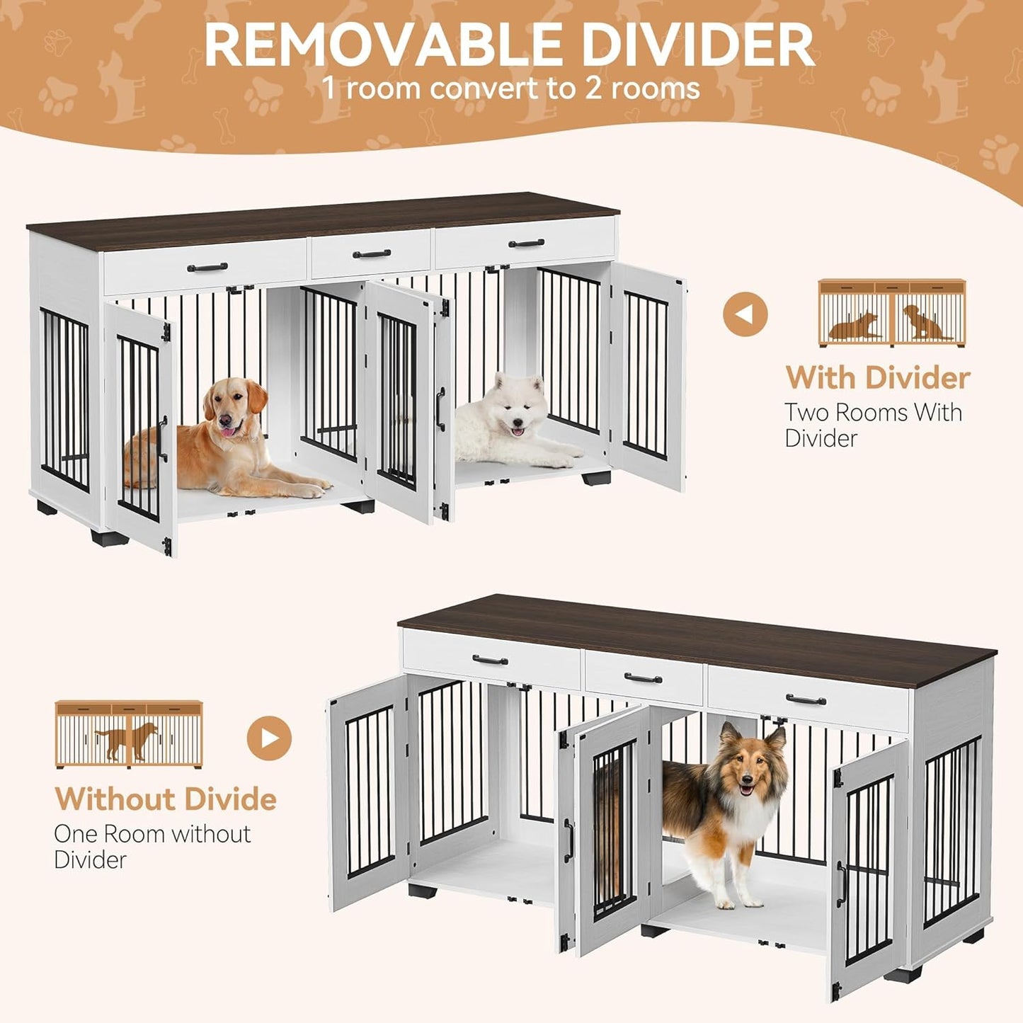 71" Double Dog Crate Furniture, Rustic Indoor Kennel with Removable Divider and 3 Storage Drawers for Medium Large Dogs