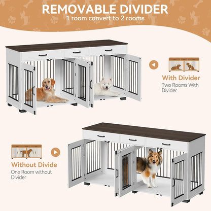 71" Double Dog Crate Furniture, Rustic Indoor Kennel with Removable Divider and 3 Storage Drawers for Medium Large Dogs