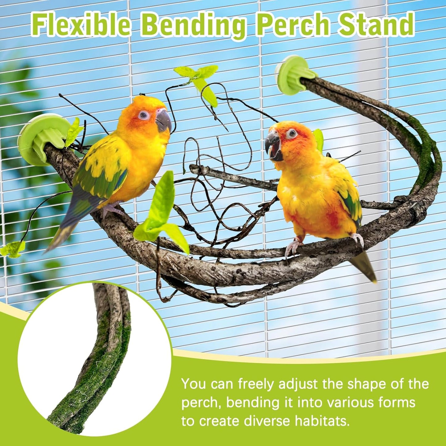 PINVNBY 2 Pcs Bendable Bird Perches & Wooden Perch Simulation Branch Parrot Perch Stand with Green Leaf Hanging Paw Grinding Fork Cage Accessories for Parakeet Budgie Finch Cockatiel Conure (Large)