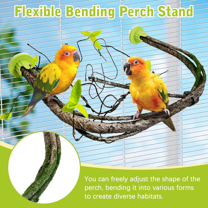 PINVNBY 2 Pcs Bendable Bird Perches & Wooden Perch Simulation Branch Parrot Perch Stand with Green Leaf Hanging Paw Grinding Fork Cage Accessories for Parakeet Budgie Finch Cockatiel Conure (Large)