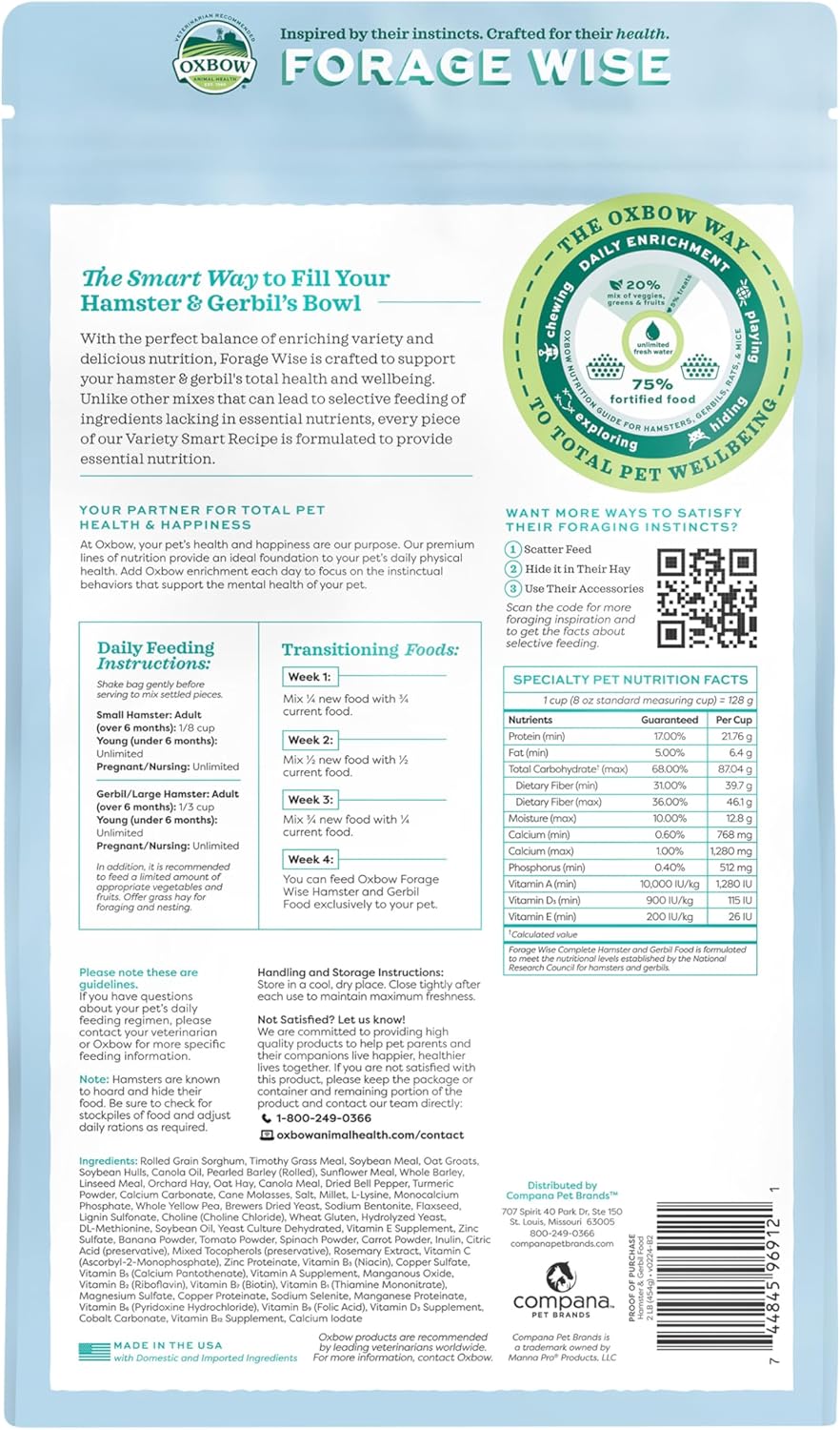 Oxbow Forage Wise Hamster & Gerbil Food, Vitamin Rich Healthy Daily Diet, Hamster Food, Veterinarian Formulated, Small Animal Pet Products, No Artificial Colors & Preservatives, Made in USA, 2 lbs