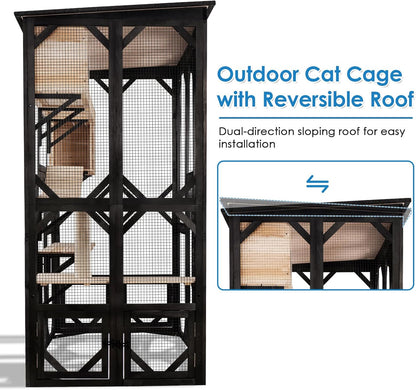 FunXplore 71.1" L Large Cat Catio Outdoor Cat Enclosure Window Acess, Walk-in Cat Cage Cat House for Multiple Indoor Outdoor Cats, Outside Patio 6 Doors Weatherproof Roof