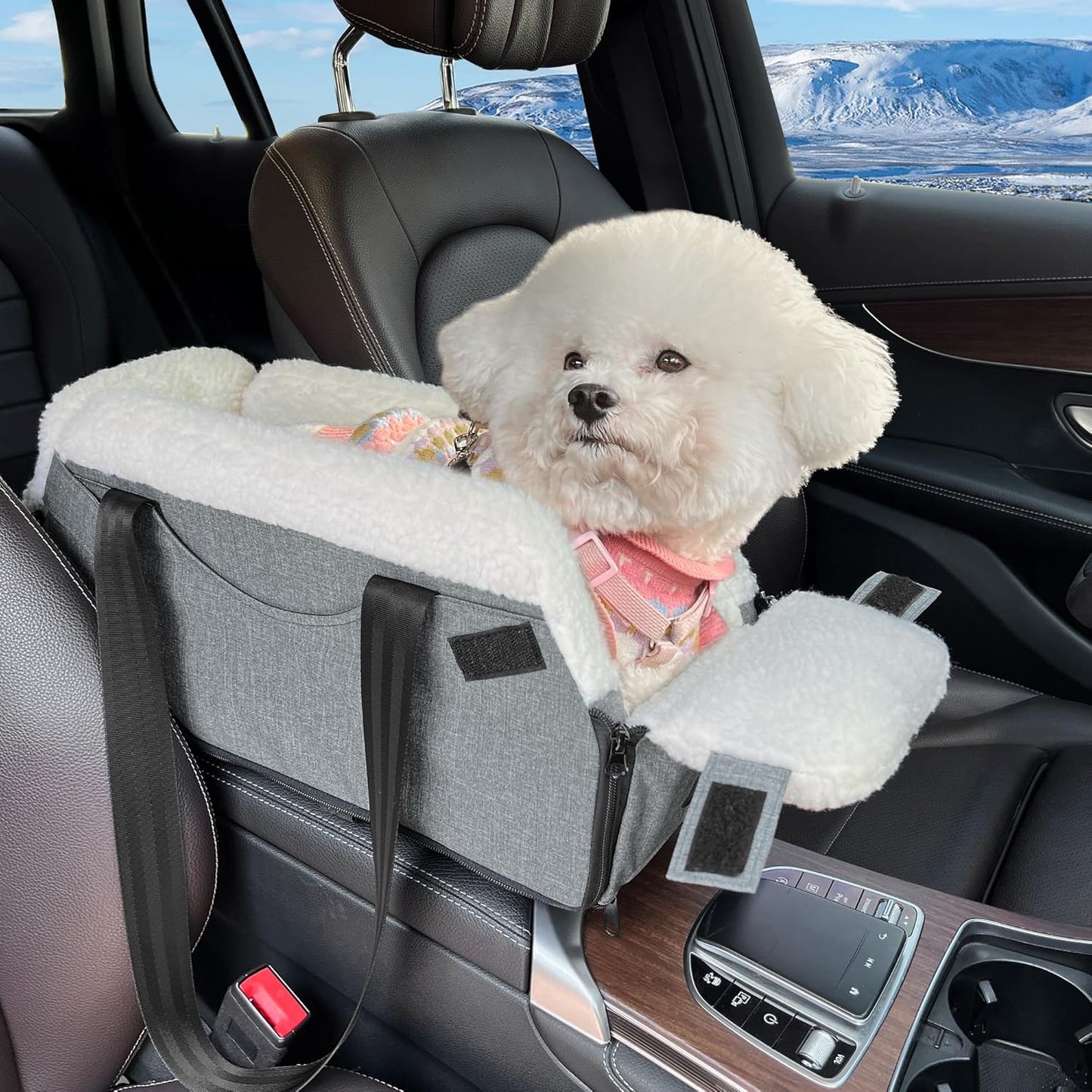 Center Console Dog Car Seat for Small Dogs, Dog Booster Seat with Upgraded Safety Tethers, Detachable Washable Pet Car Seat Travel Bed Under 25lbs(Grey)