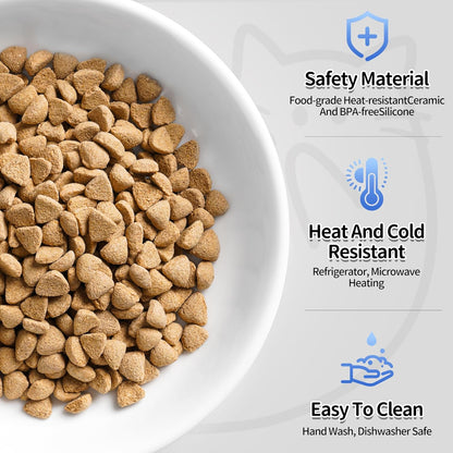 Cat Food Bowls, Whisker Friendly Ceramic Cats Bowls with Nonslip Silicone Base, Pack of 6 Quiet Dishes and Plates for Feeding Indoor Cats, Kittens and Small Dogs(Fishbone+Cat Paw,Shallower)