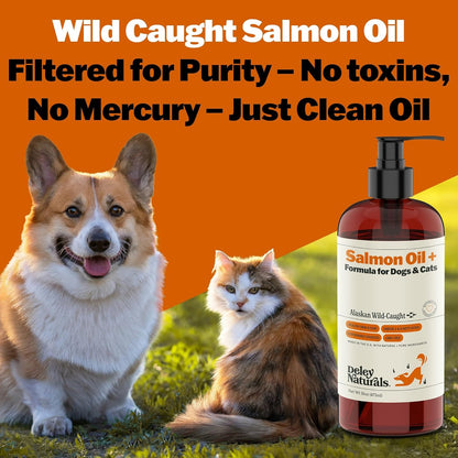 Deley Naturals Wild Alaskan Salmon Oil for Dogs - New & Improved Salmon Oil Plus Formula - Fish Oil for Dogs with DHA EPA Omega 3 & 6 Fatty Acids - Omega 3 Fish Oil for Skin & Coat - 16oz Made in USA