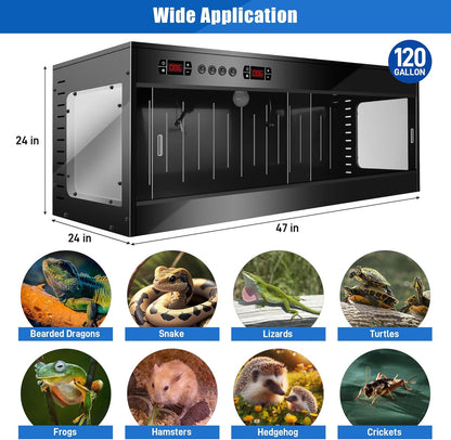 120 Gallon PVC Reptile Terrarium - Extra Large Reptile Tank with Intelligent Thermostat, Front Opening Bearded Dragon Tank Enclosure 47"x24"x24" with Carpet Mat and Sliding Door Handle for Snake Gecko