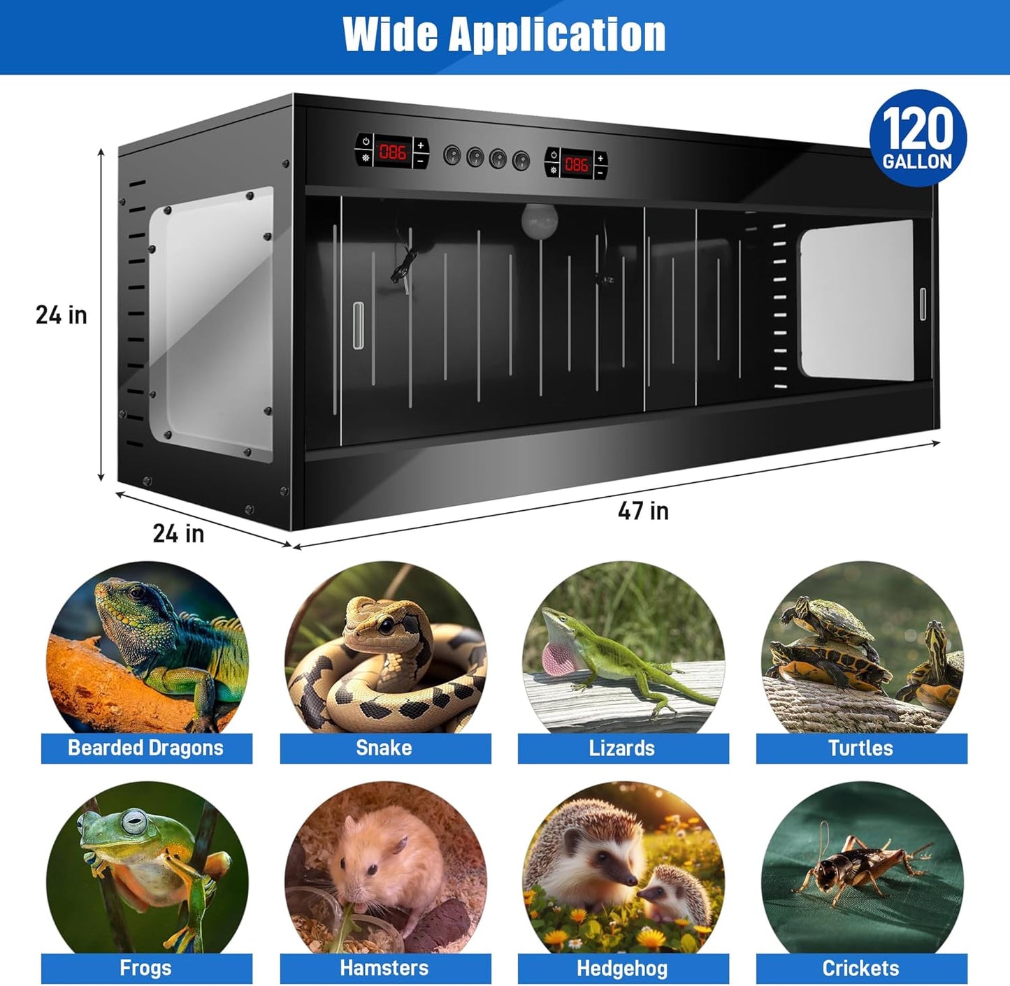 120 Gallon PVC Reptile Terrarium - Extra Large Reptile Tank with Intelligent Thermostat, Front Opening Bearded Dragon Tank Enclosure 47"x24"x24" with Carpet Mat and Sliding Door Handle for Snake Gecko