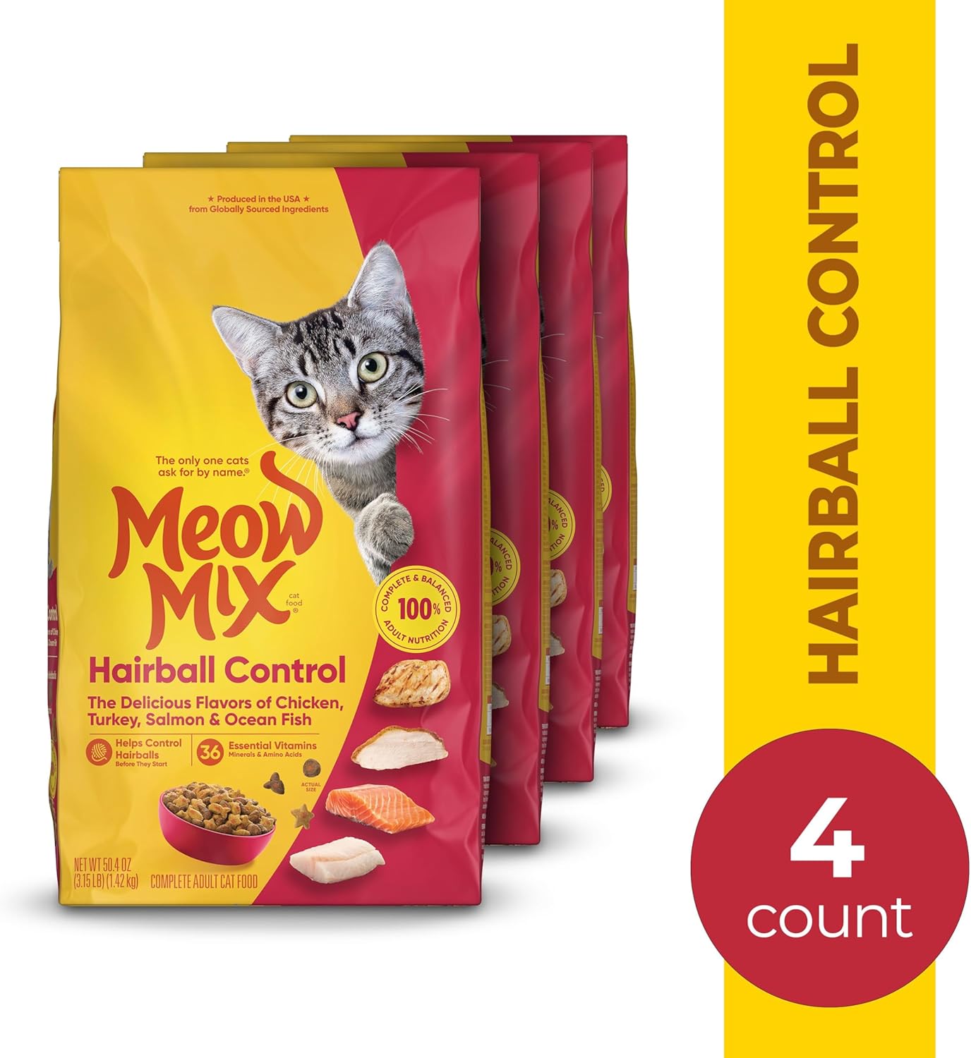 Meow Mix Hairball Control Dry Cat Food, 3.15 Pound Bag (Pack of 4)