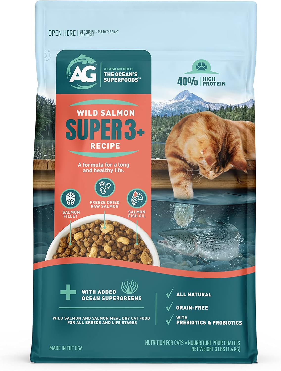SUPER3+ All-Salmon Freeze-Dried Raw Dry Cat Food, Fortified with Omega Fish Oil, High-Protein, Grain-Free, Allergy & Digestive Support, All-Natural, for Kittens & Adults (3 lbs)