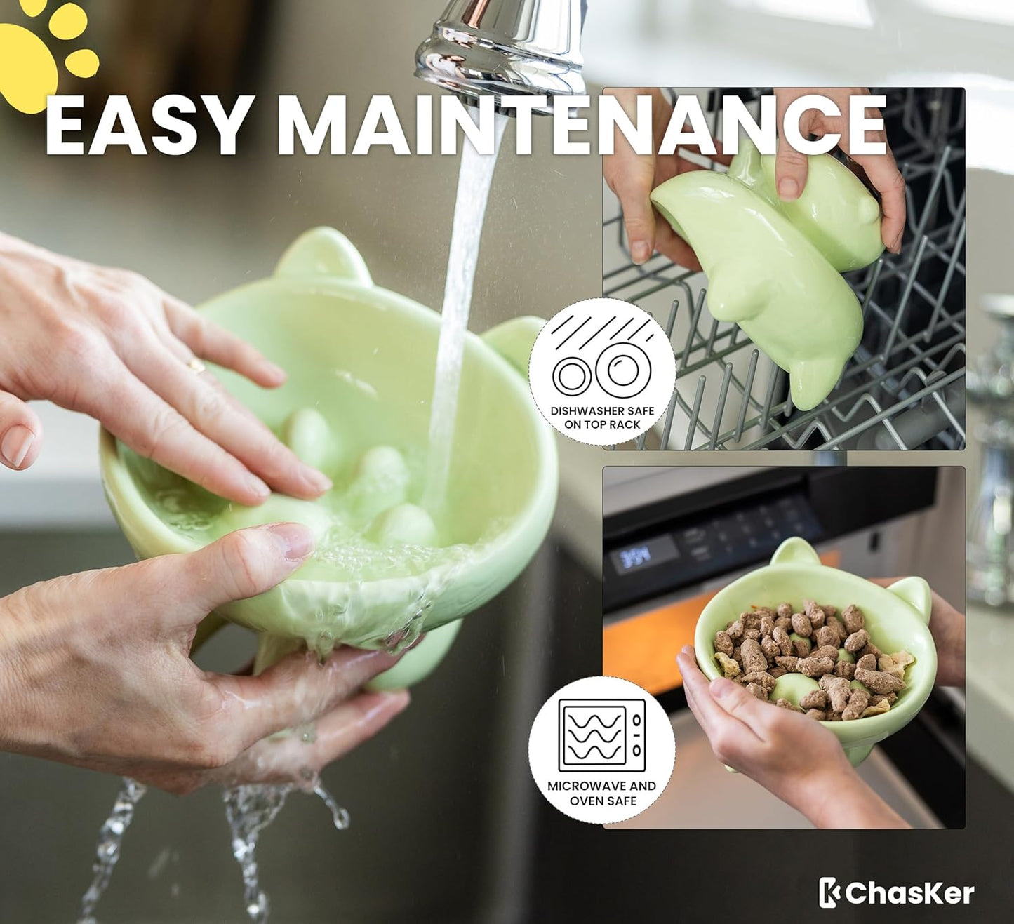 Ceramic Slow Feeder Bowl, Elevated Slow Feeder, Wide-Mouth, PAW Design, Stylish Design, for Fast Eaters, Non Slip, Dogs, Cats, Pets, Small & Medium Sized Breeds, (Green)