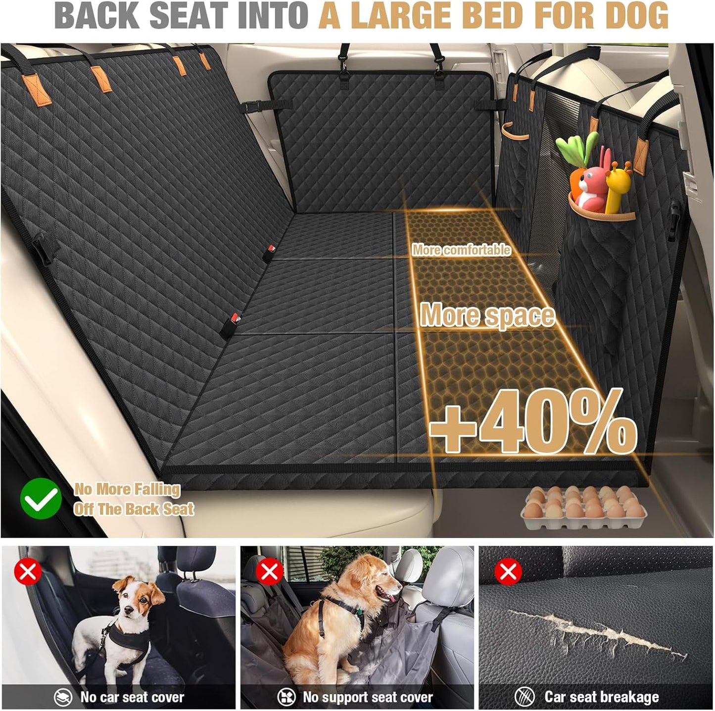 Lekereise Back Seat Extender for Dogs, Hard-Bottom Hammock Holds up to 400 lb, Waterproof with Mesh Window & Storage Pockets – Universal Fit, Black