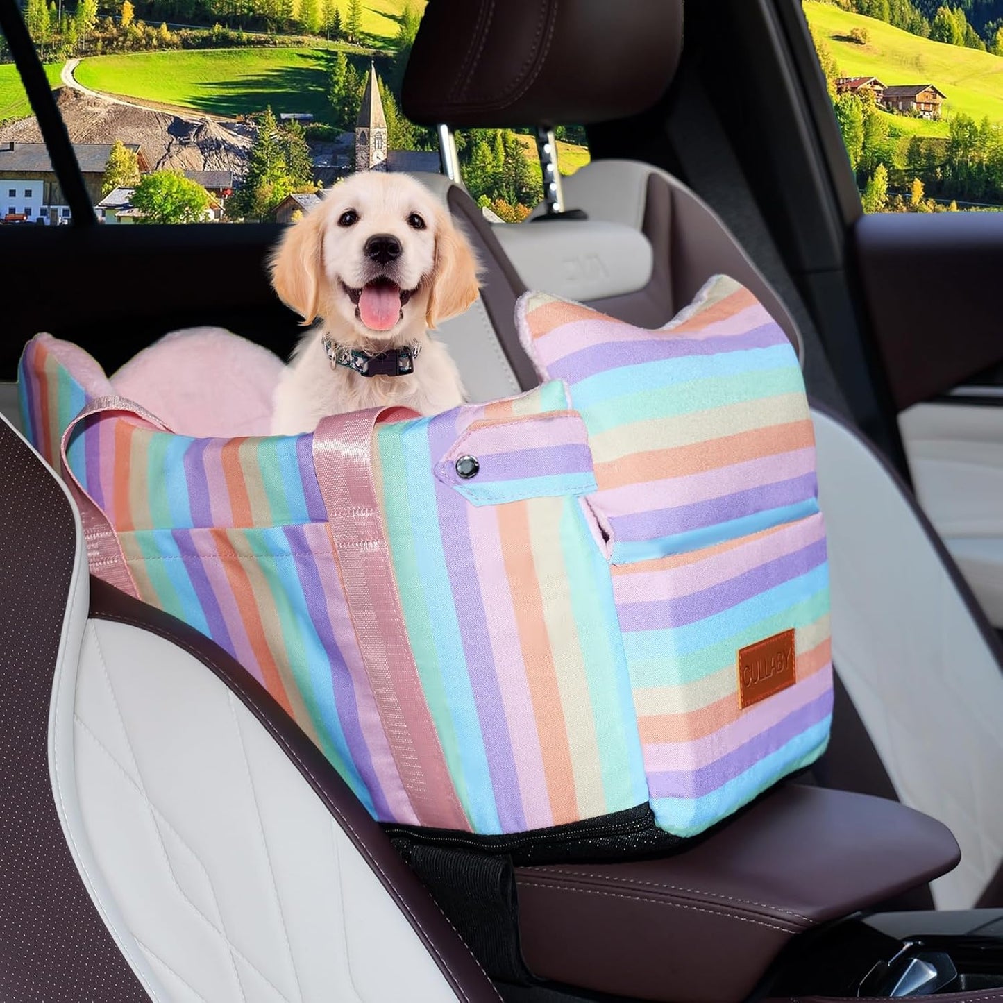 Cullaby Console Dog Seat | Anti-Collapse Armrest Booster for Small Dogs & Puppies - Secure Travel Carrier with Safety Clip-in Tether & Washable Cozy Cushion Pad - Up to 15 lbs