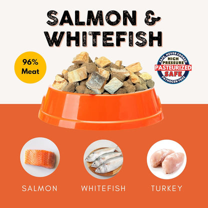 Nature's Diet Ready Raw : Freeze-Dried Raw Dog Food, Salmon & Whitefish, Human Grade, High Pressure Pasteurized (HPP), 96% Meat, Organ, Bone, Safe & Natural, Dry or Wet Feeding