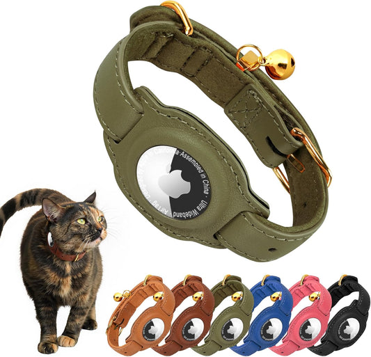 AirTag Cat Collar with Bell & Fabric Liner - Pet Collar Leather Cat Collar - Non Breakaway Leather Kitten Collar with AirTag Holder - GPS Cat Collars for Boy Cats, Girl Cats (Olive Green)