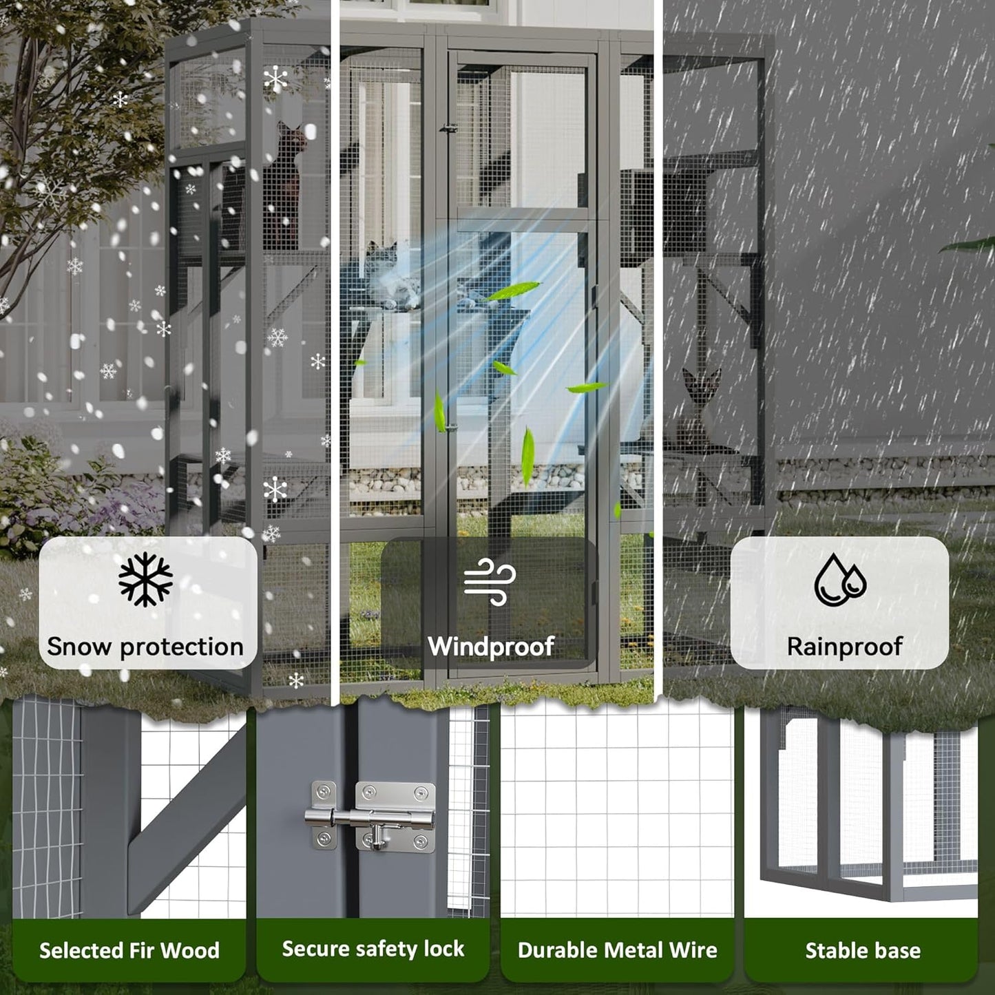 70 Inch Catio Outdoor Cat Enclosure, Large Cat House for Outdoor Cats with Enhanced Security Structure, Outside Cat Patio Cattery Weatherproof for Multiple Indoor Outdoor Cats, Grey