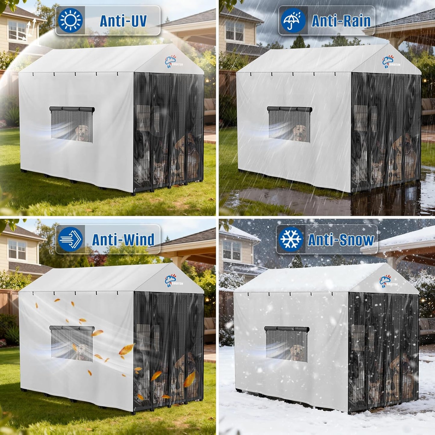 SIRUITON Outdoor Dog Kennel Cover,600D Full Coverage Waterproof Kennel Covers,With Transparent Film,Breathable Mesh Curtain & 4 Waterproof Zippers,Rain,Snowproof,Wind & Sun,8'Dx4.1'Wx6'H(Only Cover)