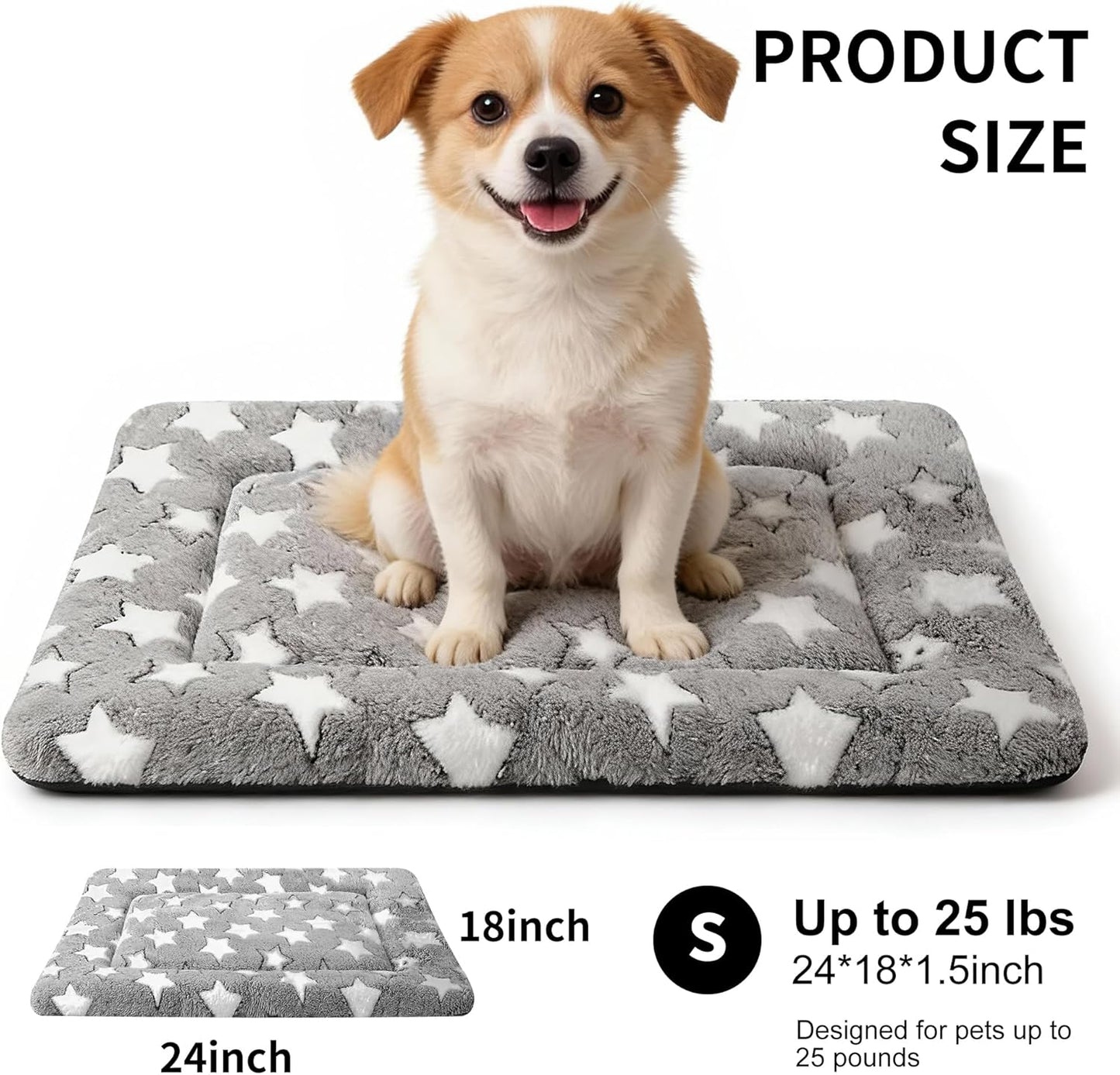 Dog Crate Mat, 4 Piece Reversible Pet Bed, Polyester, Machine Washable, Small Dogs & Cats, Rectangular, 24 x 18 x 1.3 Inches (Gray Star, 24" L x 18" W x 1.5" Th)