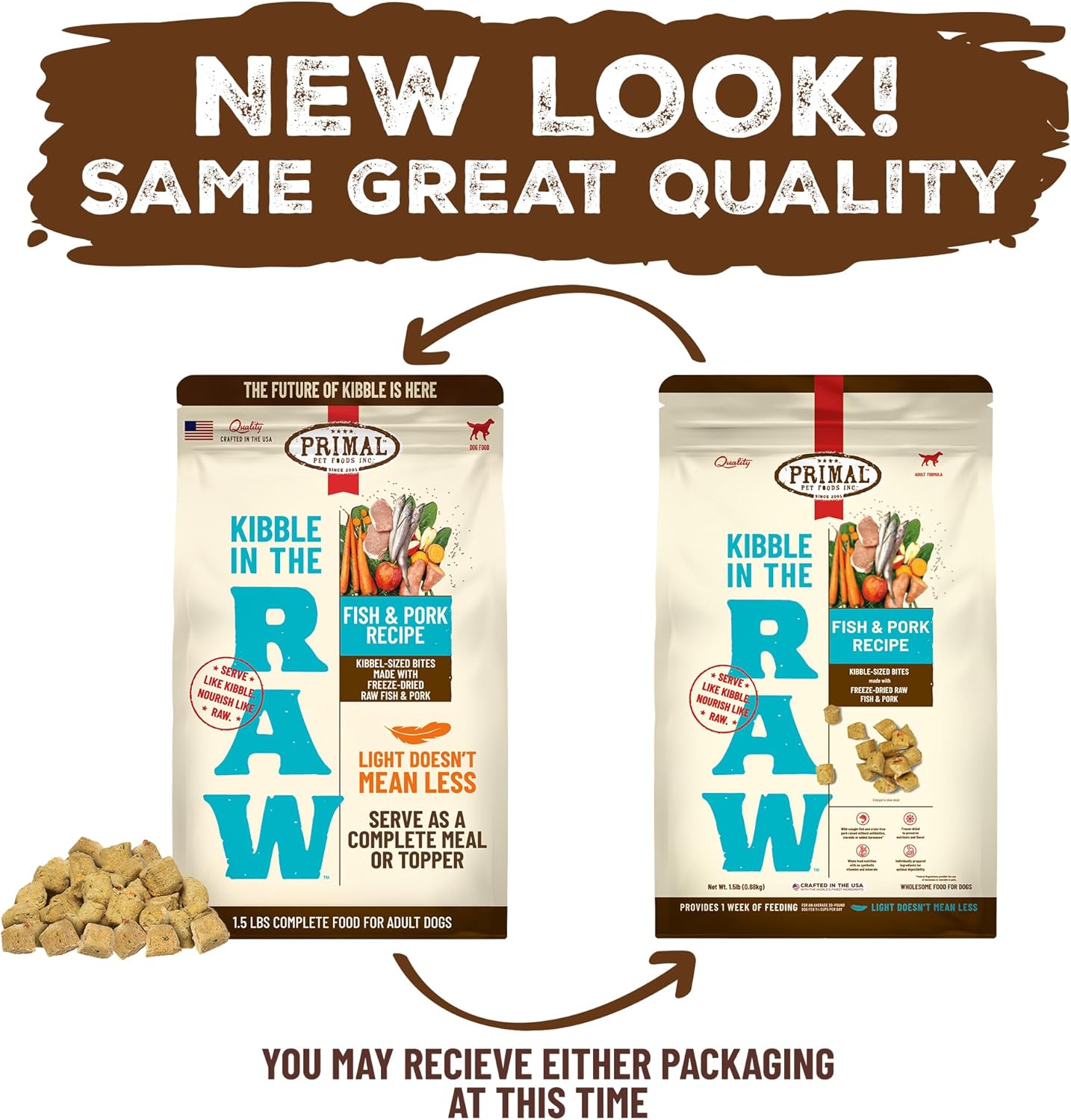 Primal Kibble in The Raw, Freeze Dried Dog Food, Fish & Pork, Scoop & Serve, Made with Raw Protein, Whole Ingredient Nutrition, Crafted in The USA, Dry Dog Food 1.5 lb Bag