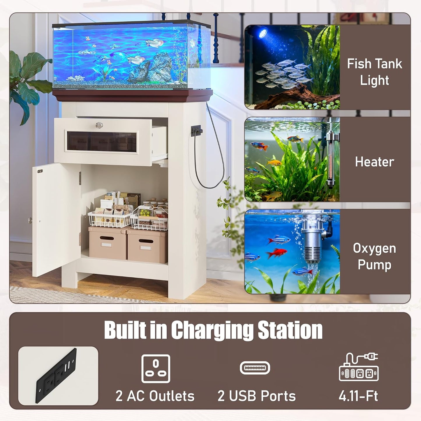 Merax 10-15 Gallon Fish Tank Stand, Aquarium Stand with Power Outlets, Fish Tank Table with Storage Cabinet and Drawer, Aquarium Table for Reptile Terrarium Stand