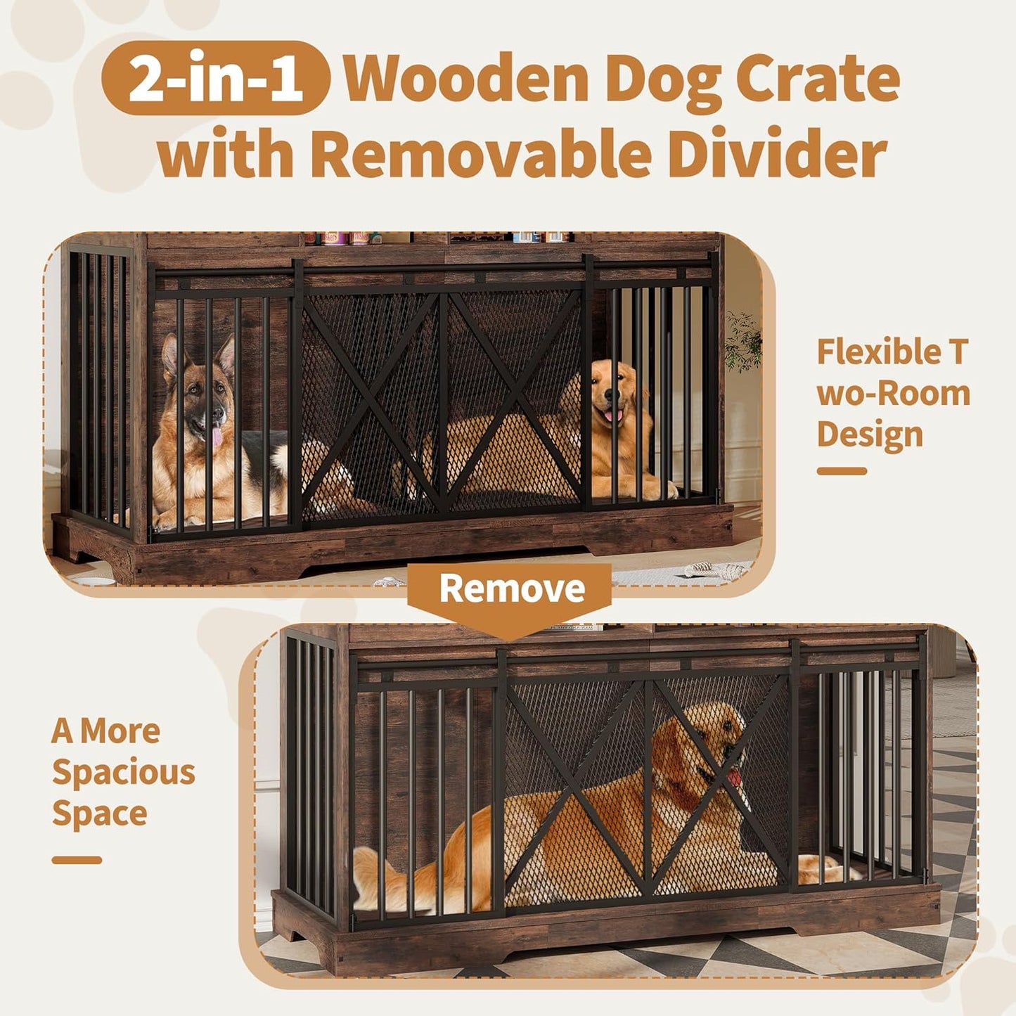 Double Dog Crate Furniture, 63” Large Dog Kennel Furniture with Divider and Sliding Doors, Heavy Duty Dog Kennel Furniture with Drawers and Shelves for Living Room, Retro Brown