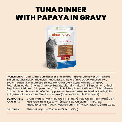 almo nature HQS Cat Food Bundle: (12) 2.47oz Natural Variety Pack (Atlantic Tuna, Mackerel, Trout & Tuna, Chicken & Shrimp) + (12) 1.94oz Tuna & Papaya in Gravy Pouches
