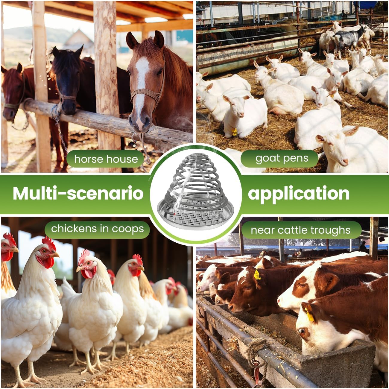 Livestock Mosquito & Fly Repellent Coils 10 Pack, Natural Citronella for Cattle, Horses, Goats, Chickens, 12-Hour Burn Time, Farm & Stable Outdoor Insect Protection, with 1 Holder & 2 Stands