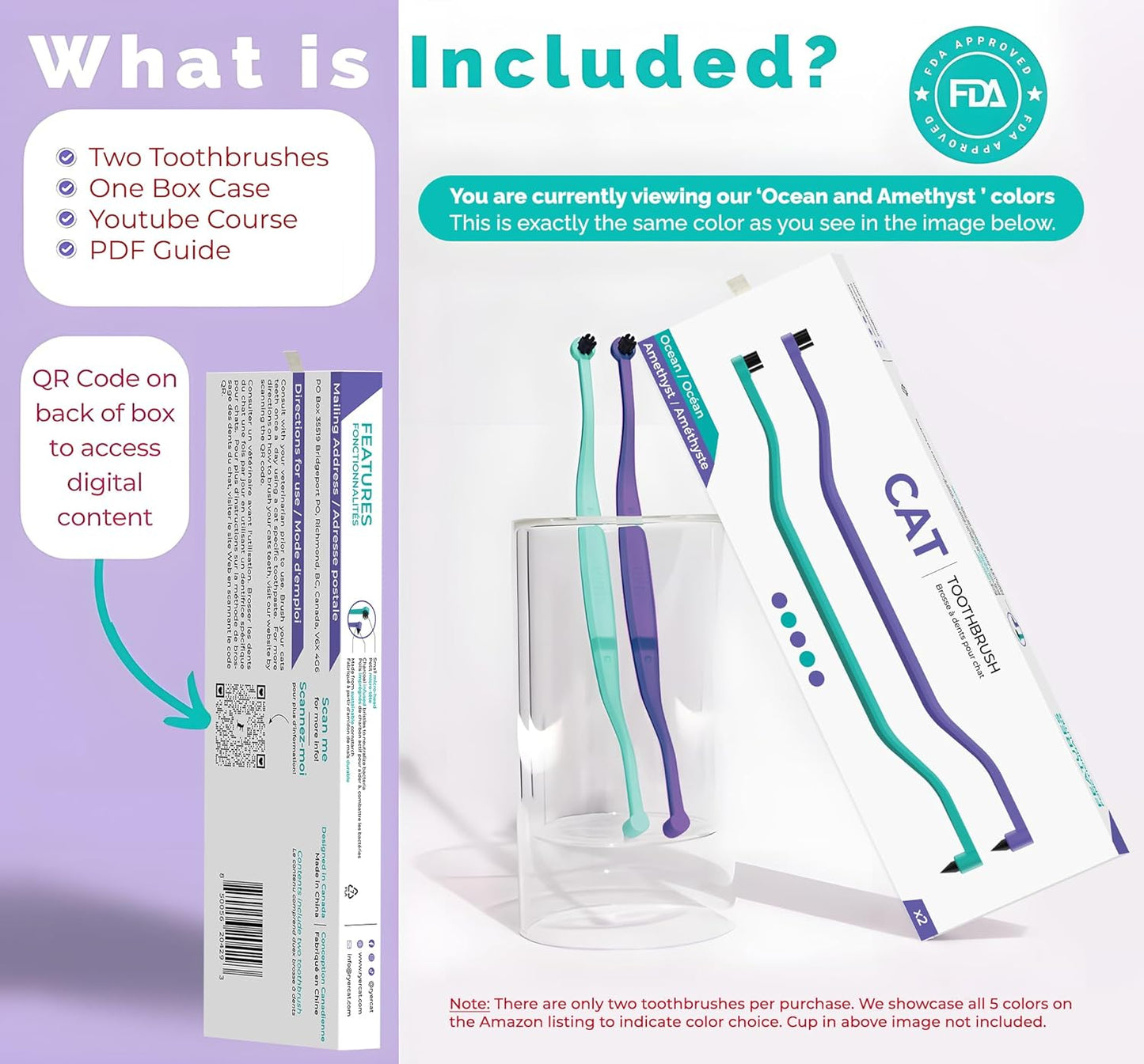 RYERCAT Set of 2 Dual Sided Cat Toothbrush - Kitten Toothbrush with Micro Head to fit into Cat/Kittens Mouth - Cat Dental Care Supplies - Pet Toothbrush for Cats(Amethyst Purple & Ocean Blue)