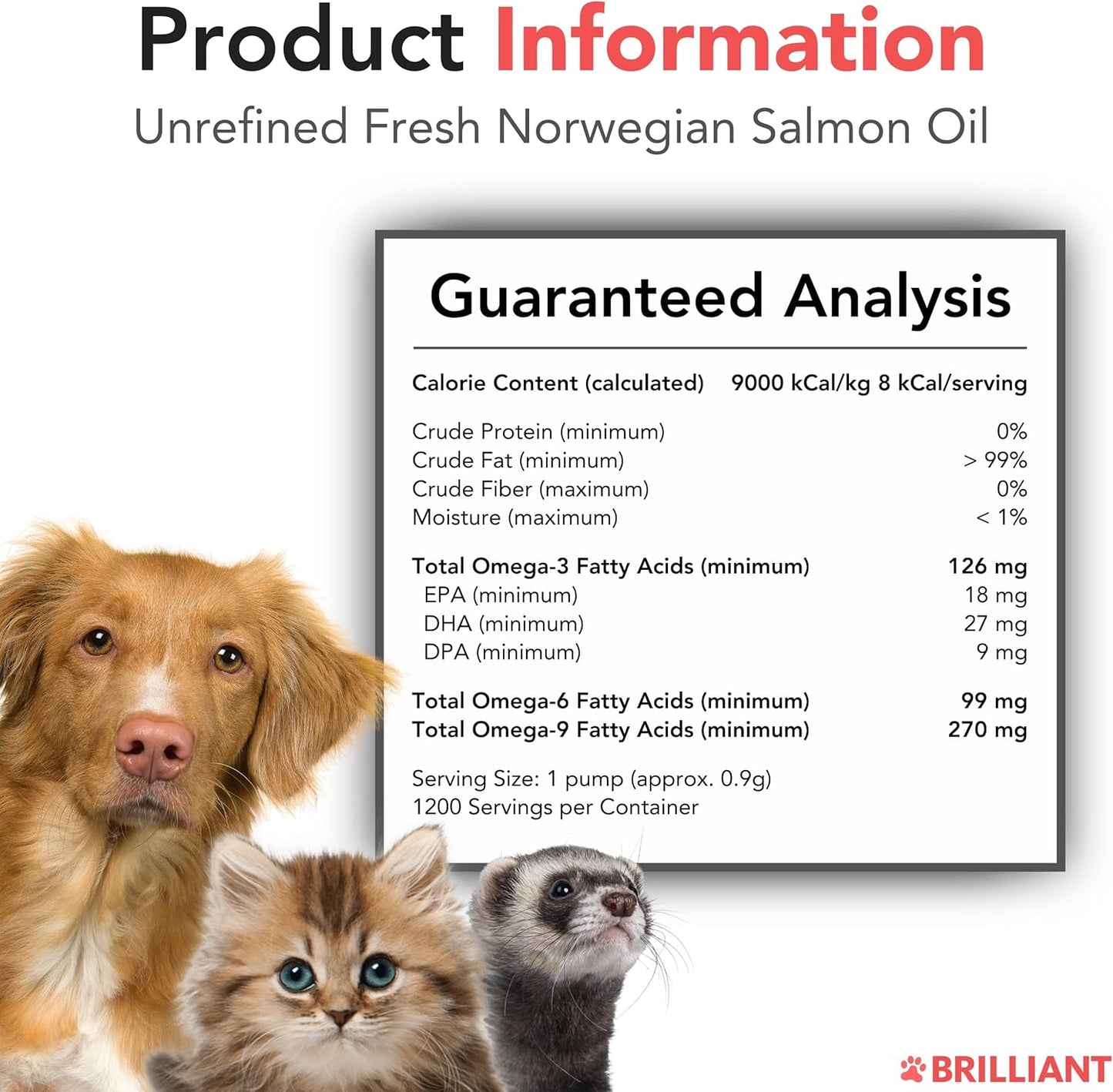 Brilliant Omega 3 Salmon Oil for Dogs & Cats - Norwegian Fish Oil Supplement with EPA & DHA Fatty Acids for Shedding, Allergy, Itching, Dry Skin & Joint Health - Skin and Coat Fish Oil Liquid, 40 Oz