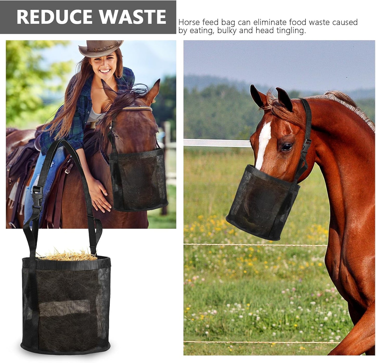 2 Pcs Horse Feed Bag Comfort Breathable Mesh Feed Bucket Heavy Duty Feed Bag with Adjustable Strap and Waterproof Bottom for Horse Feeding Supplies Muzzle Feed Bag, Medium (Black)