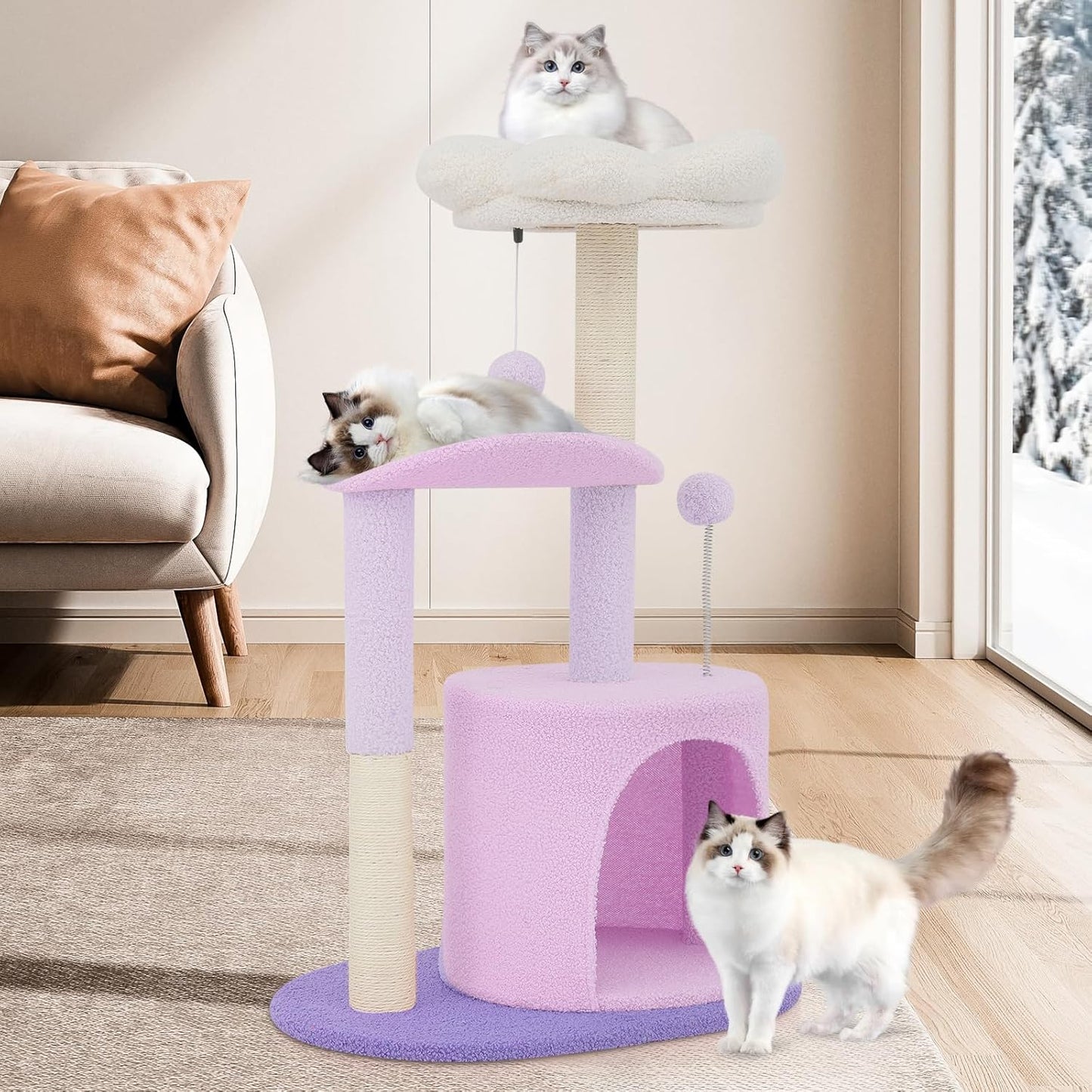 Flower Cat Tree with Scratching Post, Small Cat Tower for Indoor Cats, Cat Climbing Tower for Indoor Kittens Cat Tree Tower for Small Spaces, Cozy Condo & Plush Perches, 33" Purple