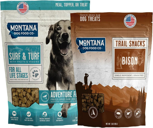 Surf and Turf Dog Food and Bison Dog Treat Adventure Fuel Bundle - 16 oz Freeze-Dried Raw Food with Single Ingredient Training Snacks