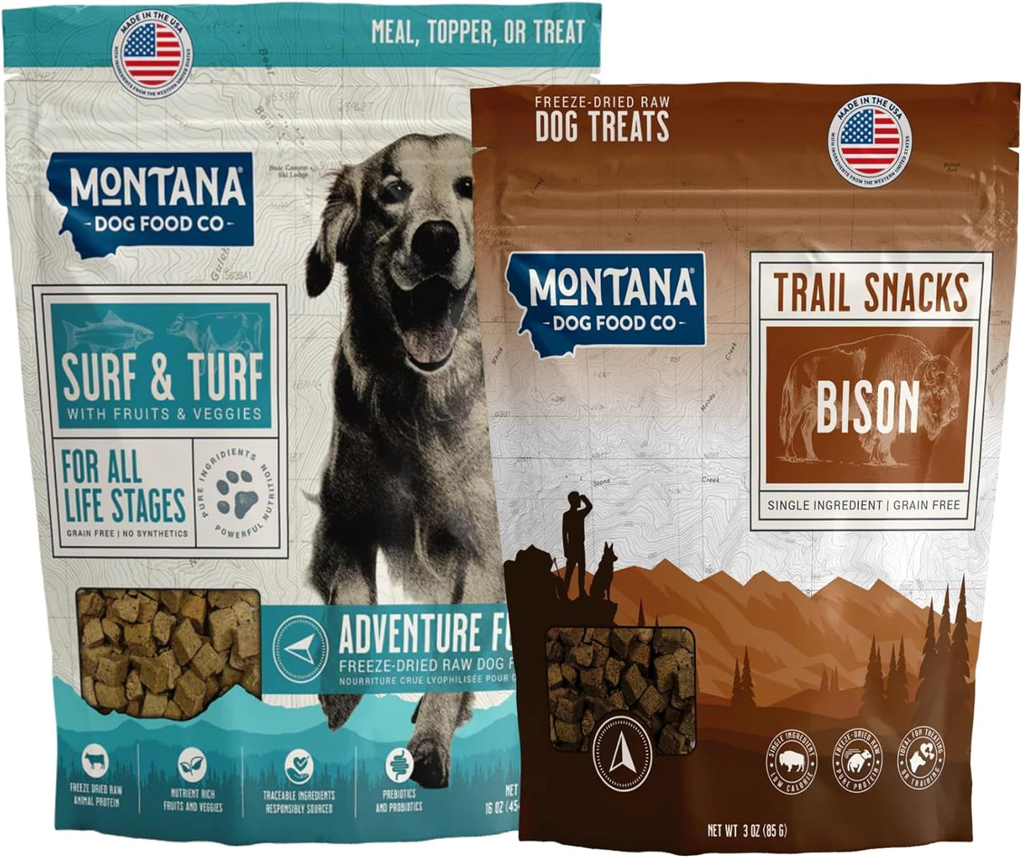 Surf and Turf Dog Food and Bison Dog Treat Adventure Fuel Bundle - 16 oz Freeze-Dried Raw Food with Single Ingredient Training Snacks